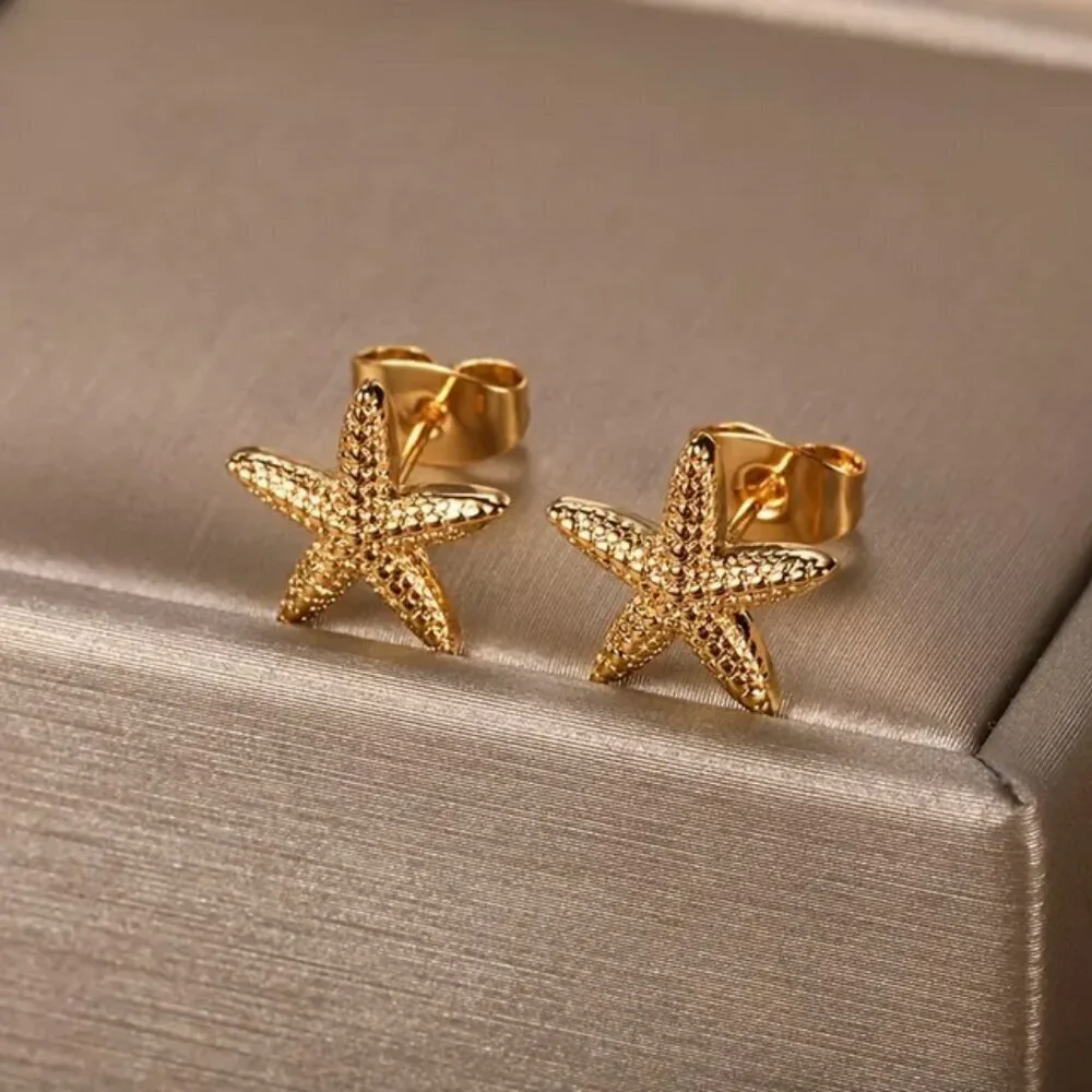Starfish Gold Tone Stud Earrings, Vacation Style
